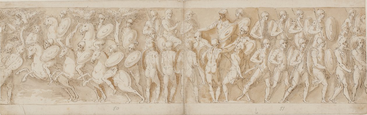 romersk kavaleri (LXV); et afhugget hoved (fortolket som en fange af Guerra) og en tysk fange føres for kejseren (LXVI); Romerne rykker frem (LXVII) af Giovanni Guerra