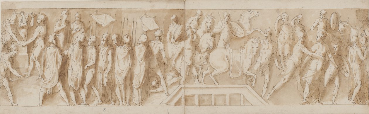 romerske soldater bygger en lejr (slutningen af LXXXII); en adresse (LXXXIII); Romerne krydser en flod på en pontonbro (LXXXIV); kvinder tages til fange (begyndelsen af LXXXV) af Giovanni Guerra