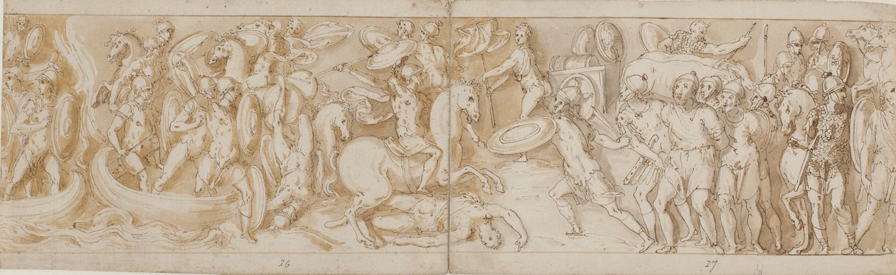 Romerske soldater krydser en flod i både (hovedsagelig restaurering; XXXIV)2; en kæmpende romersk soldat (fra slutningen af XXIV); Romerske vagter, der bringer barbarfanger for kejseren (udeladt på tegningen; slutningen af XXV); begyndelsen af en march (be af Giovanni Guerra