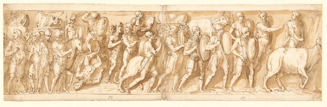 romerne på march (XXXVI); Marcus Aurelius, Pompeius og en ledsager overværer marchen (XXXVII); et stop på marchen (XXXVIII) af Giovanni Guerra