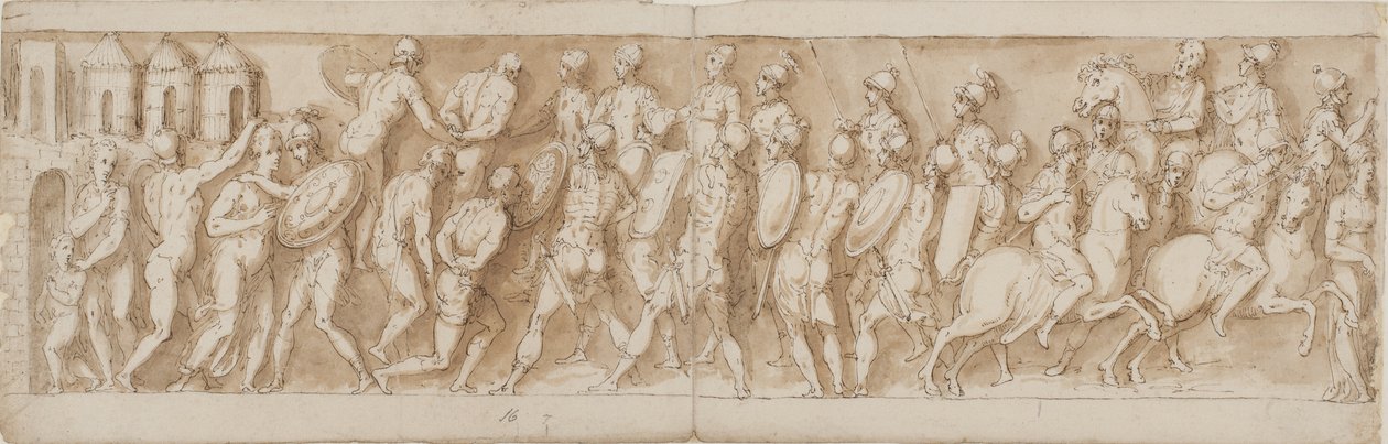 Sarmatiske ledere bliver fanget ved overraskelse og deres huse sat i brand af romerne (CII); ankomsten af legionærer og kejseren (udeladt af Guerra) (CIII) af Giovanni Guerra