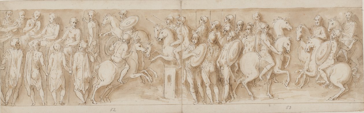 Sarmatians før det kejserlige råd (slutningen af LXII, begyndelsen af LXIII); omgivet af vagter ser Marcus Aurelius og Pompeius til hest en træfning (XC); Tyske adelsmænd bringer en besked (op til midten af XCI) af Giovanni Guerra