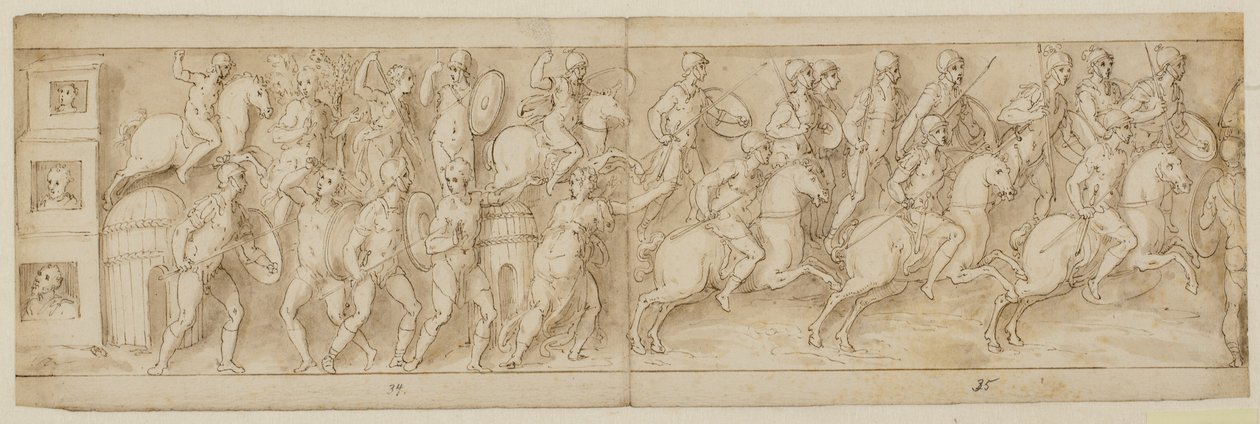 Tre sedanstole (slutningen af XLII); romerne angriber en høvdings bolig (XLIII); romerne marcherer tilbage til lejren (XLIV) af Giovanni Guerra