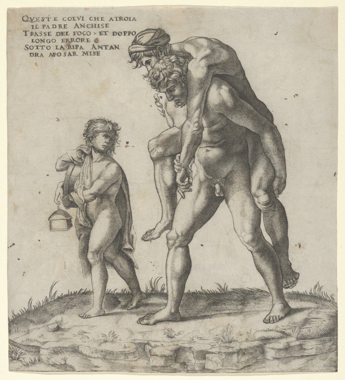 Aeneas redder Anchises, en ung dreng med en lanterne til venstre, ca. 1525., ca. 1525. af Giovanni Jacopo Caraglio