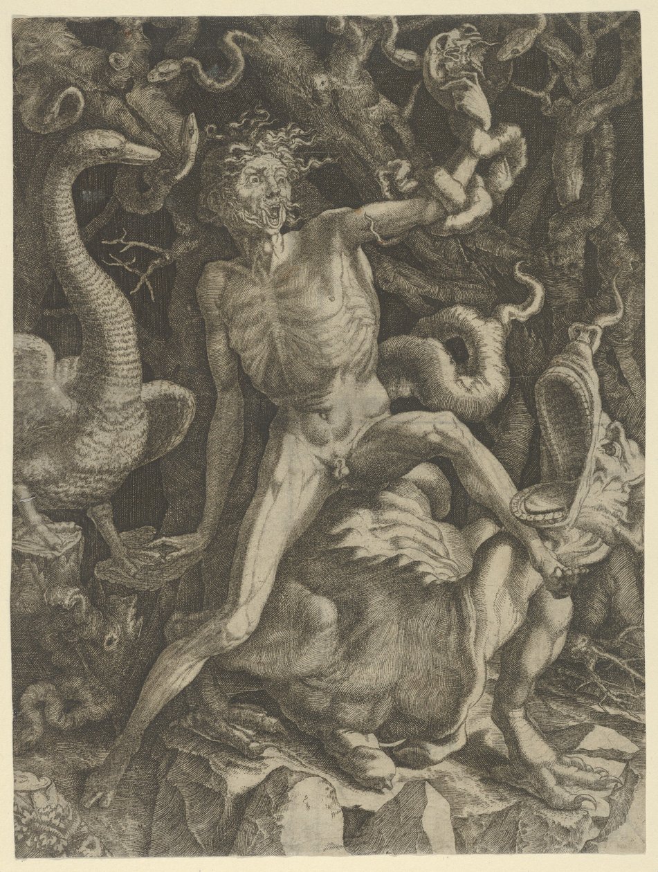 Fury personificeret som en gammel mand, der rider på et monster, med et kranie i venstre hånd, ca. 1520-39. af Giovanni Jacopo Caraglio