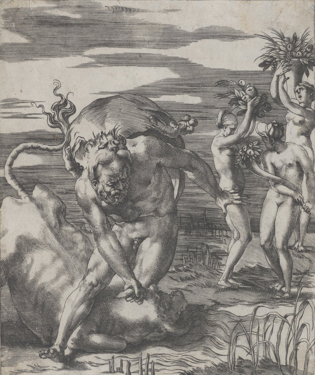 Hercules besejrer flodguden Achelous i form af en tyr, med tre kvinder t..., ca. 1526-27. af Giovanni Jacopo Caraglio