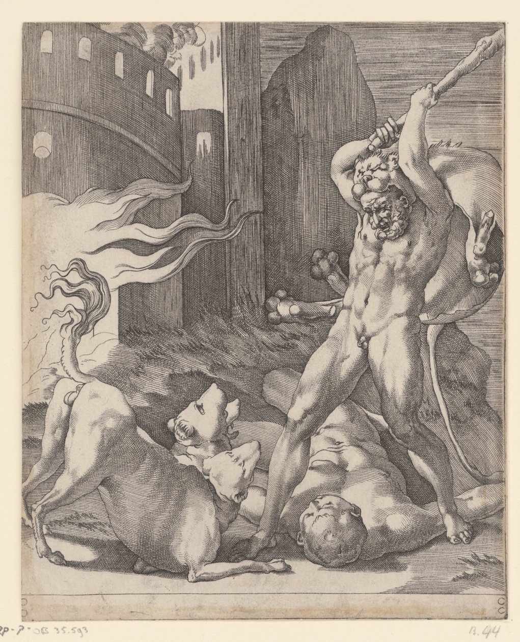 Hercules kæmper mod Cerberus Scener med Hercules (serietitel) af Giovanni Jacopo Caraglio