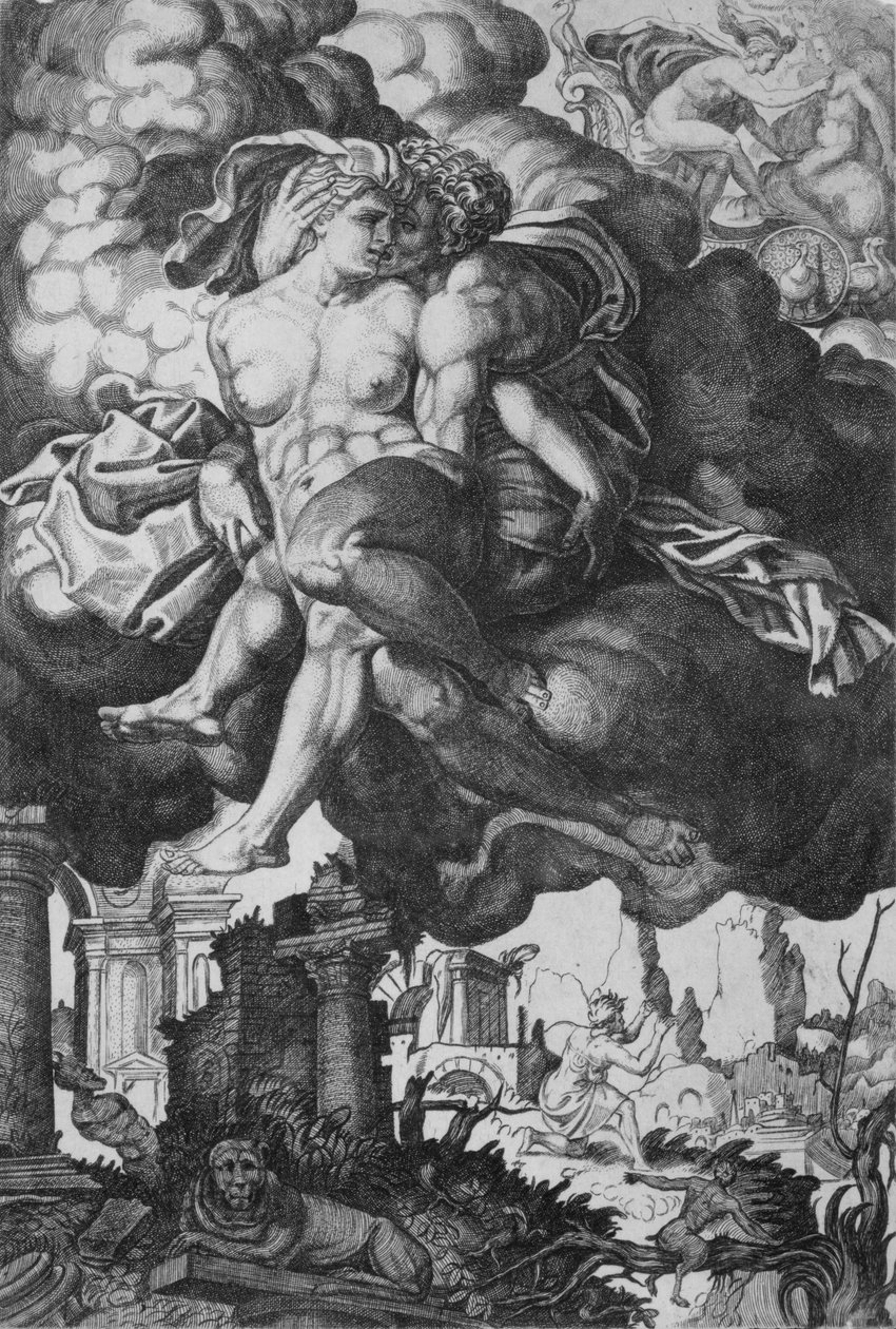 Ixion forsøger at forføre Juno, omgivet af skyer med ruiner nedenfor, ca. 1520-39. af Giovanni Jacopo Caraglio