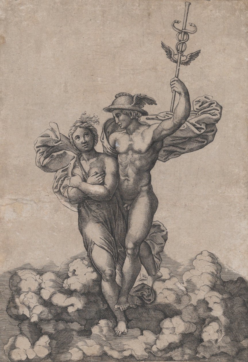 Merkur bærer Psyche til Olympen, efter Rafaels komposition i Villa Farnes..., ca. 1520-39. af Giovanni Jacopo Caraglio