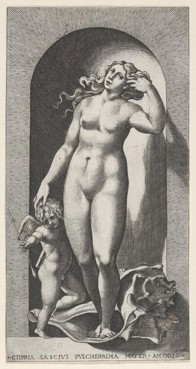 Plade 10: Venus i en niche, stående på en konkylie, med Amor til højre, fra en ser..., 1526. af Giovanni Jacopo Caraglio