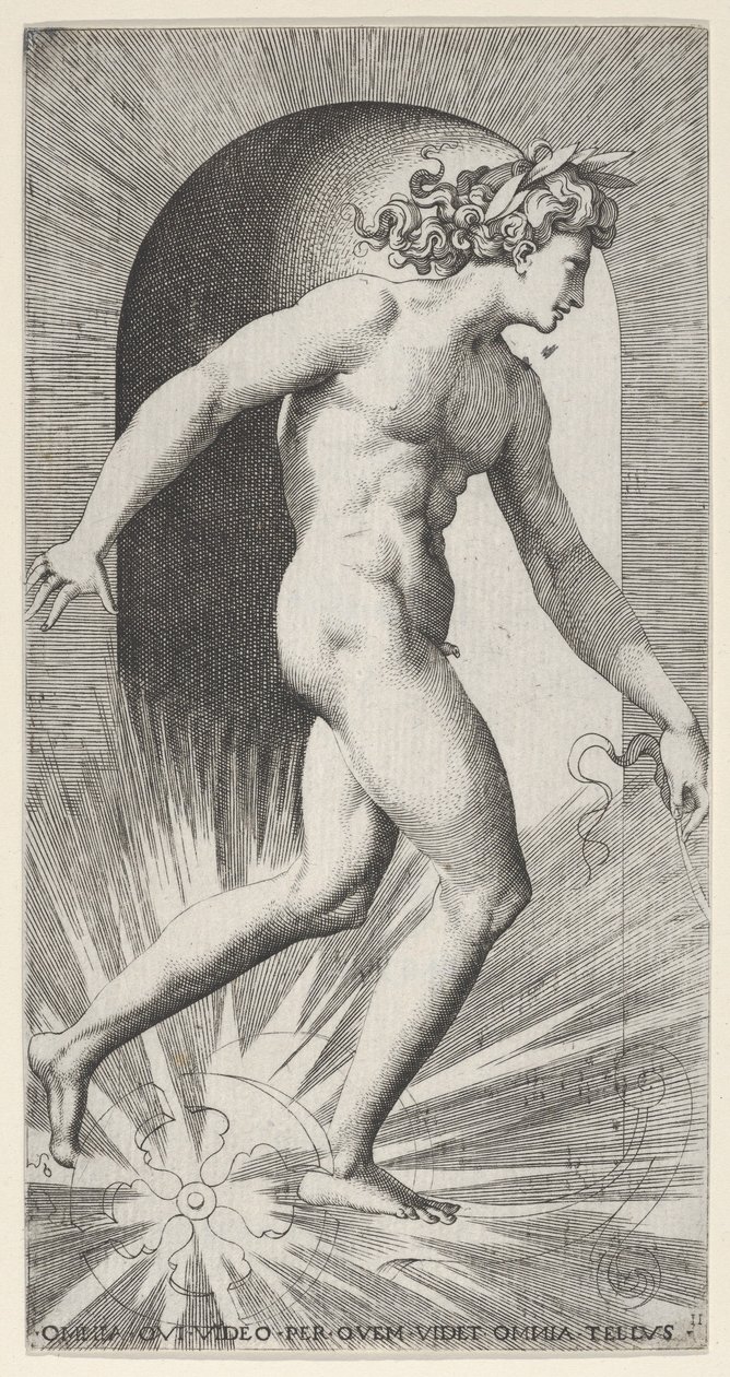 Plade 11: Apollo kører på sin vogn i en niche, vendt mod højre, fra en række mythologica..., 1526. af Giovanni Jacopo Caraglio