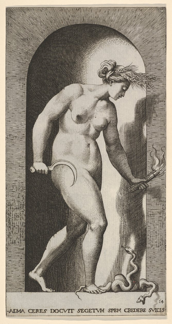 Plade 14: Ceres i en niche, vendt mod højre, stående over en tohovedet slange og holder en h..., 1526. af Giovanni Jacopo Caraglio