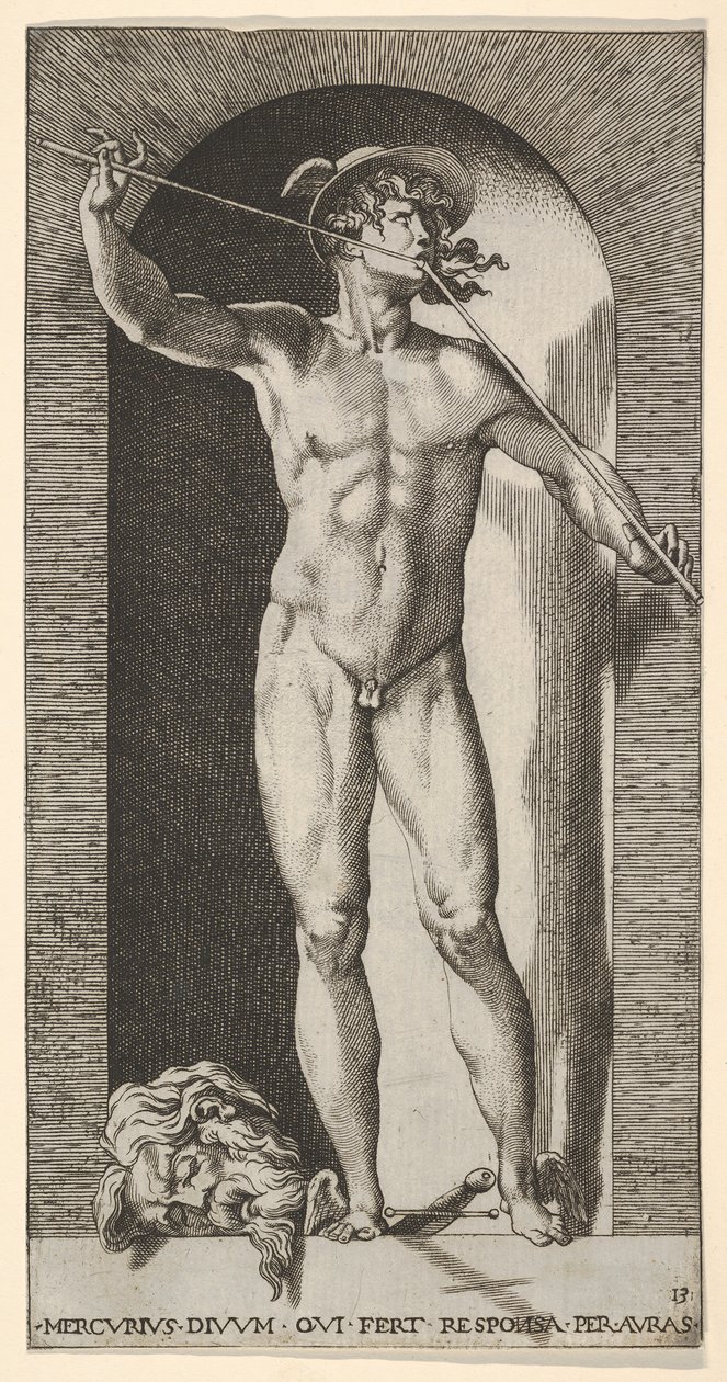 Plade 14: Mercury står i en niche og spiller sine piber, med det afhuggede hoved af en gammel m..., 1526. af Giovanni Jacopo Caraglio