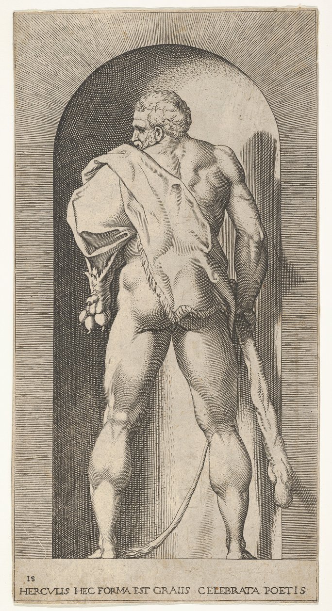Plade 15: Hercules stående i en niche, iført løveskind og holder en kølle, set fra..., 1526. af Giovanni Jacopo Caraglio