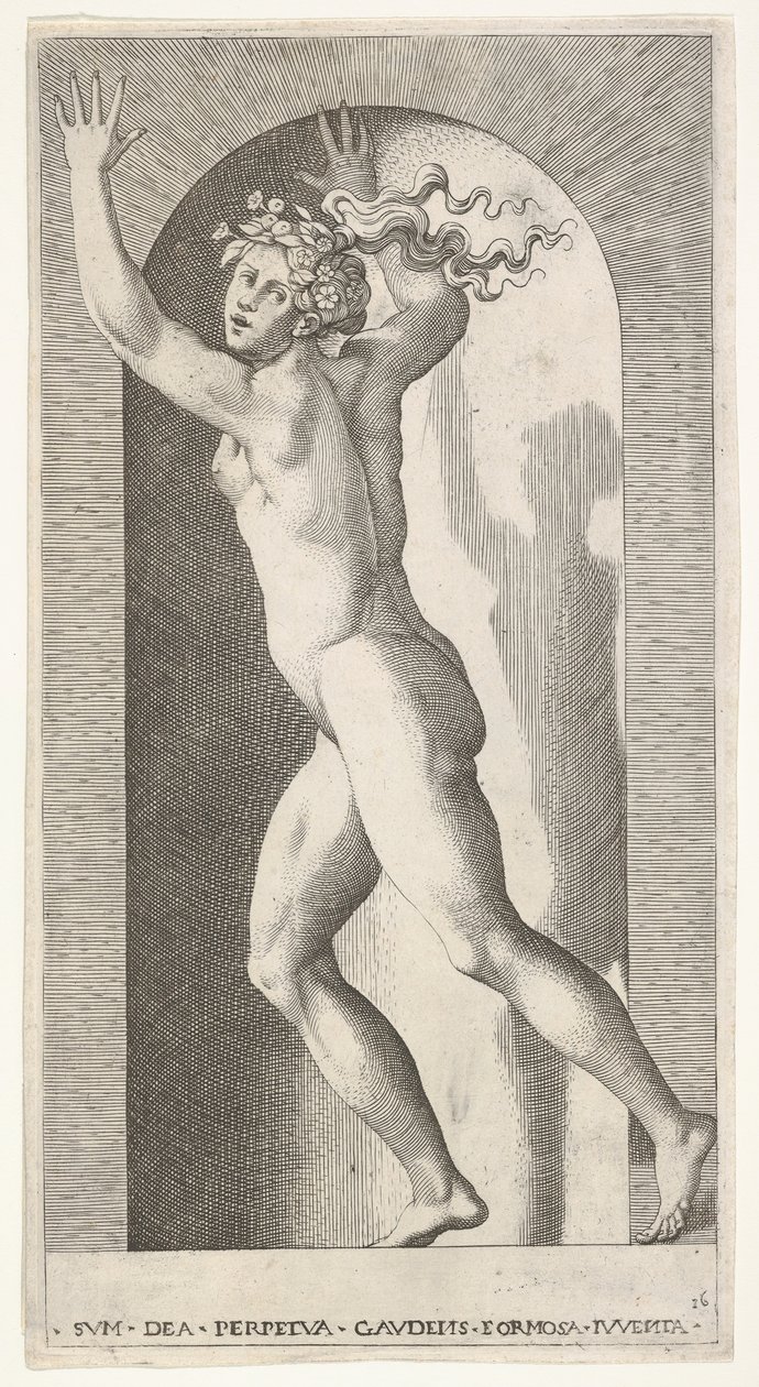 Plade 16: Hebe i en niche med hænderne i vejret, løber til venstre, mens hun ser til ..., 1526. af Giovanni Jacopo Caraglio