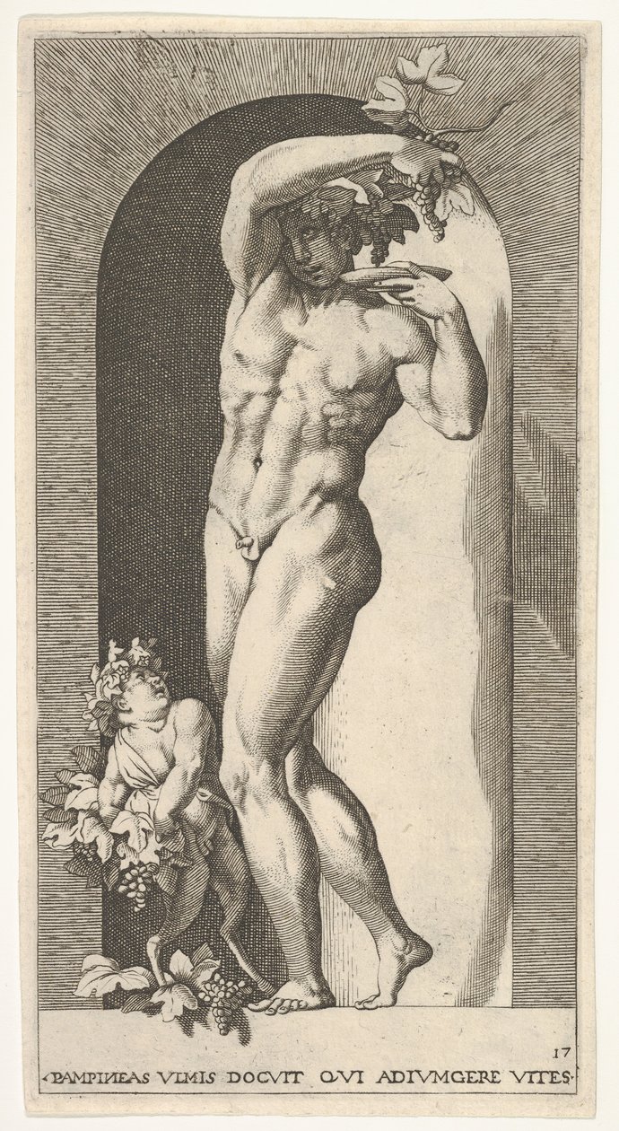 Tallerken 17: Bacchus stående i en niche og holder druer over en tallerken, ledsaget af en infa..., 1526. af Giovanni Jacopo Caraglio