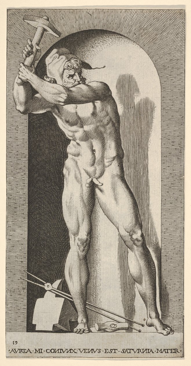 Plade 19: Vulcan står i en niche og svinger en hammer, med en ambolt, hammer og tang a..., 1526. af Giovanni Jacopo Caraglio