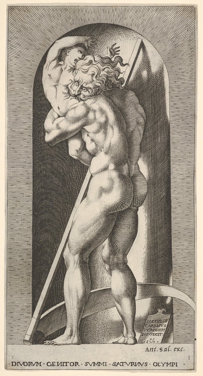 Plade 1: Saturn i en niche, der fortærer sin søn, stående foran en le, fra en række m..., 1526. af Giovanni Jacopo Caraglio