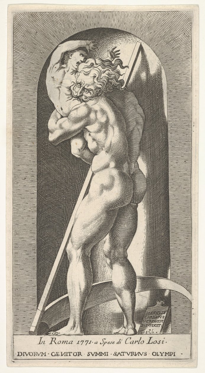 Plade 1: Saturn i en niche, der fortærer sin søn, stående foran en le, fra en række m..., 1526. af Giovanni Jacopo Caraglio