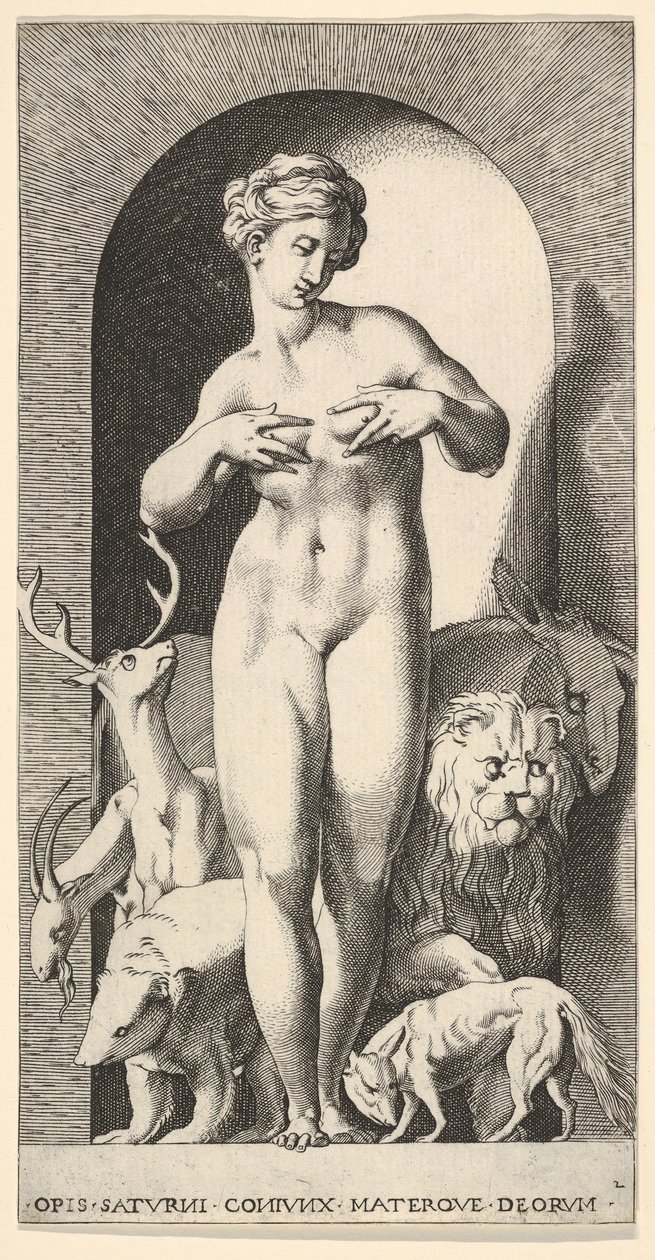 Plade 2: Ops stående i en niche med hænderne ved sine bryster, ser til venstre for hende, med ..., 1526. af Giovanni Jacopo Caraglio