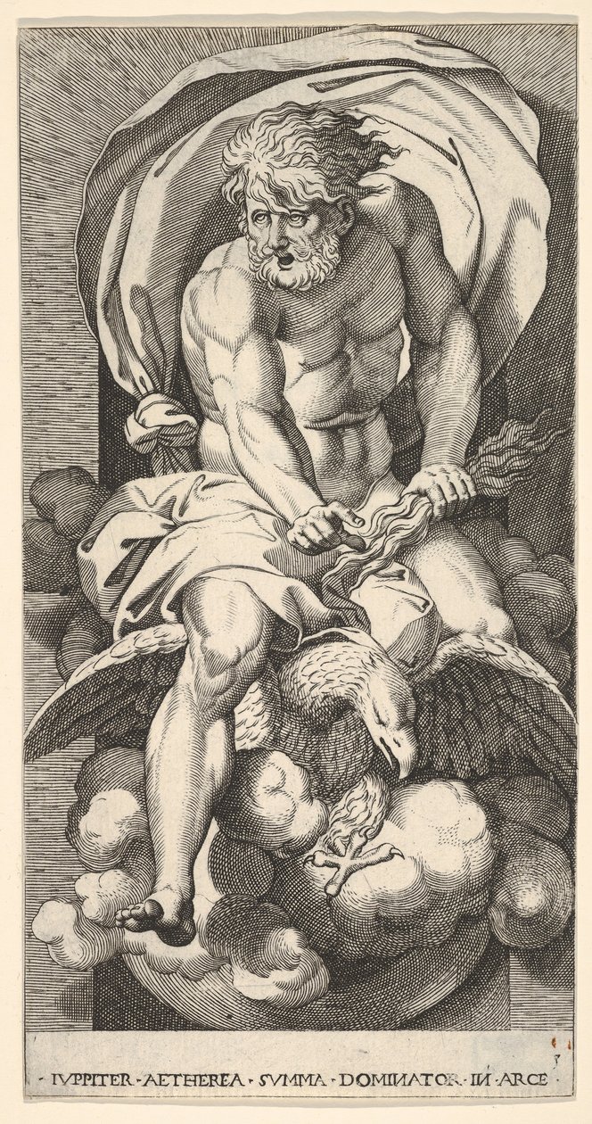 Plade 3: Jupiter dukker op fra en niche, rider på en ørn og holder en torden i sin l..., 1526. af Giovanni Jacopo Caraglio