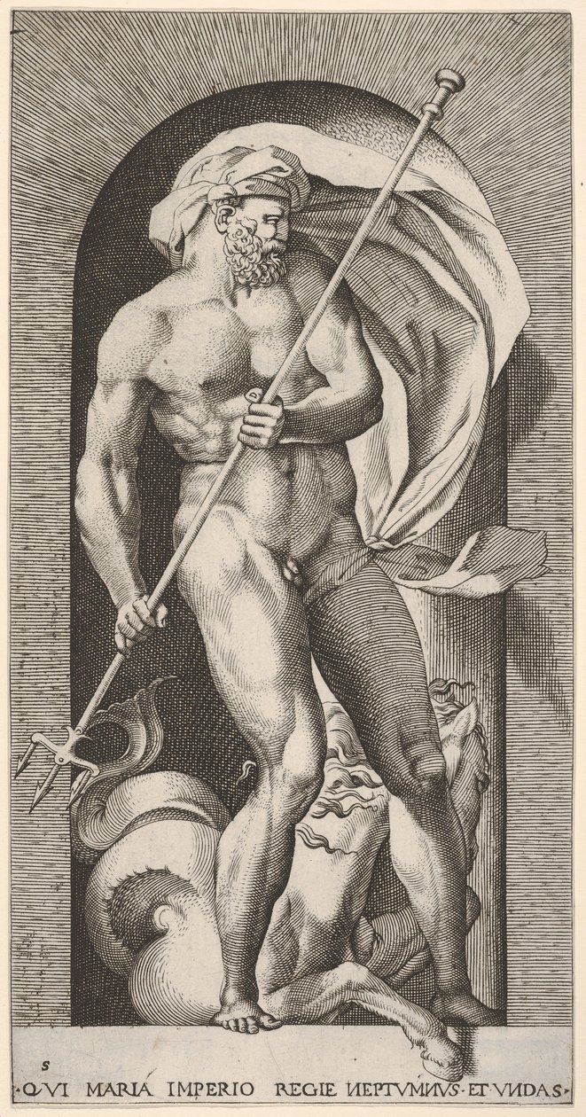 Plade 5: Neptun står i en niche med en trefork, med en hippocampus søhest beh..., 1526. af Giovanni Jacopo Caraglio