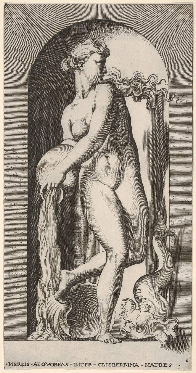 Plade 6: Thetis står i en niche med en skal og et havdyr og hælder vand ud af en ..., 1526. af Giovanni Jacopo Caraglio