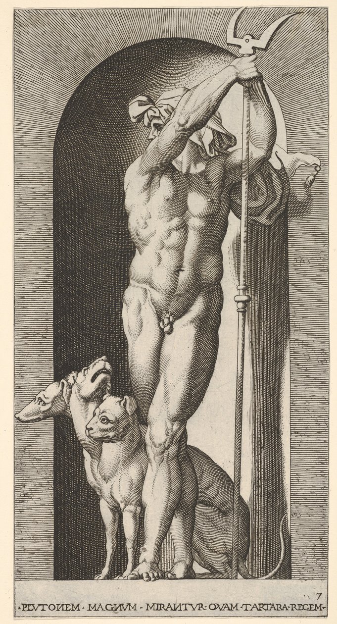 Plade 7: Pluto i en niche, med en bident, med Cerberus ved siden af sig, fra en serie af m..., 1526. af Giovanni Jacopo Caraglio
