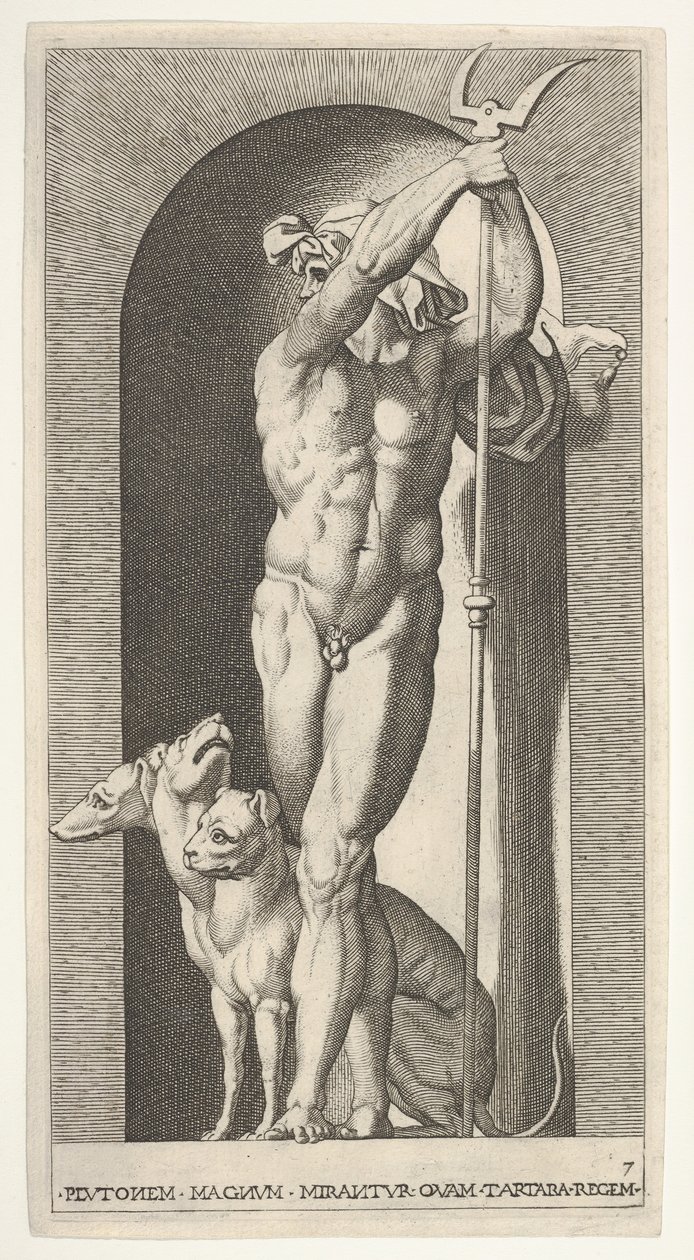 Plade 7: Pluto i en niche, med en bident, med Cerberus ved siden af sig, fra en serie af m..., 1526. af Giovanni Jacopo Caraglio