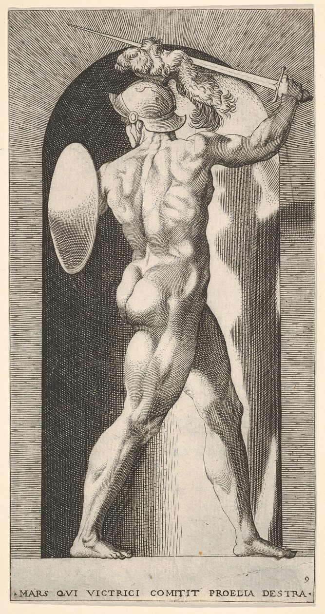 Plade 9: Mars i en niche, med et sværd over hovedet med sin højre arm og et skjold ..., 1526. af Giovanni Jacopo Caraglio