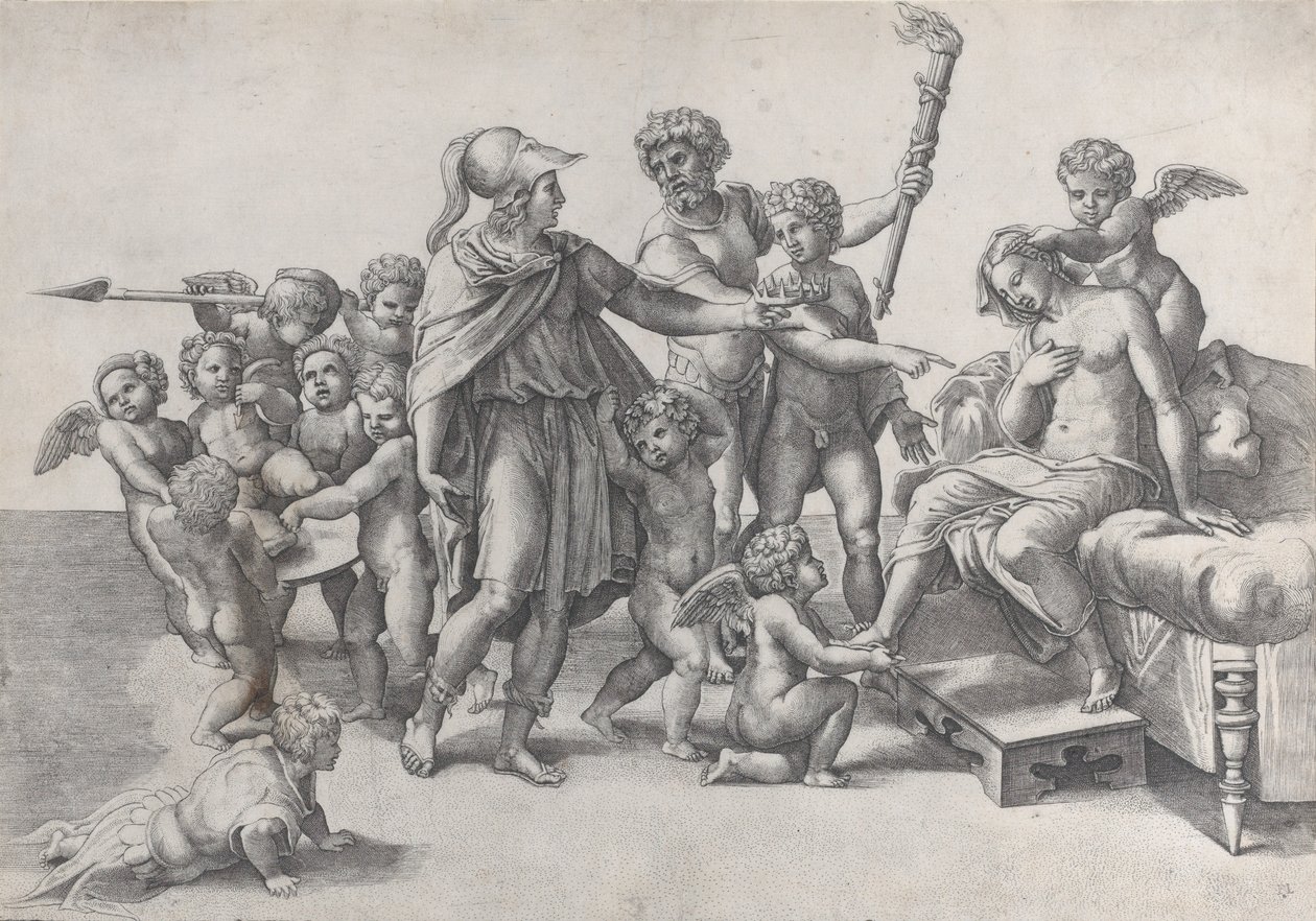 Ægteskabet mellem Alexander og Roxana, Alexander omgivet af putti, tilbyder en krone t..., 1520-39. af Giovanni Jacopo Caraglio