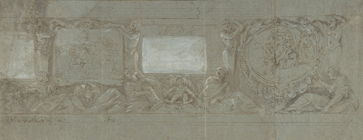 Design til en vægdekoration med Abrahams offer og flugten til Egypten, ca. 1600-1647. af Giovanni Lanfranco