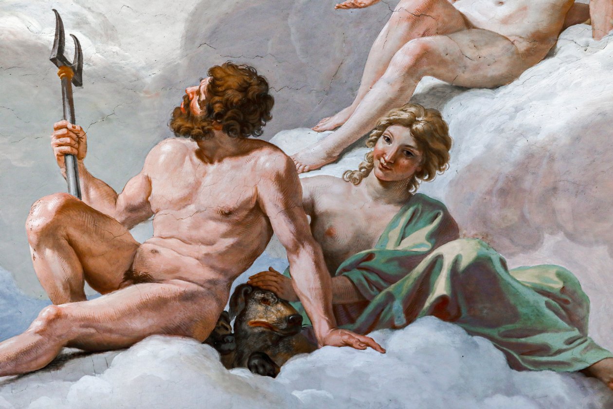 Pluto, gud for underverdenen, og hans kone, Prosperine. Detalje af "Gudernes råd" 1624-1625. freske af Giovanni Lanfranco