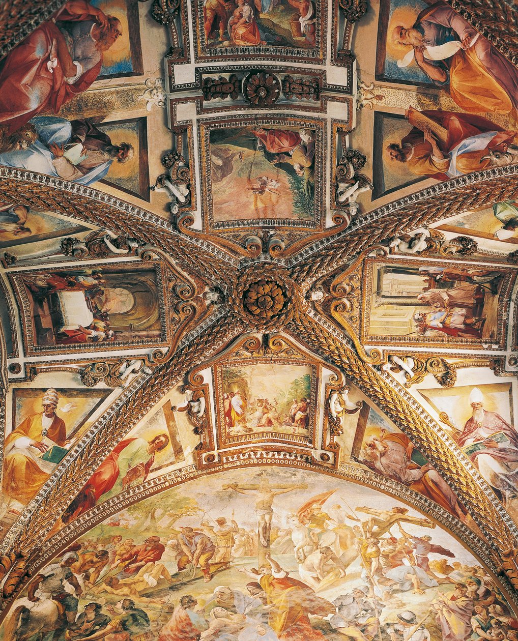 Præsbyteriehvælvingsdetalje afbilder korsfæstelse af Giovanni Lanfranco (1582-1647) og scener fra Det Gamle og Nye Testamente af Giovanni Bernardino Azzolino (1572-1645), Certosa af San Martino, Napoli, Campania, Italien af Giovanni Lanfranco