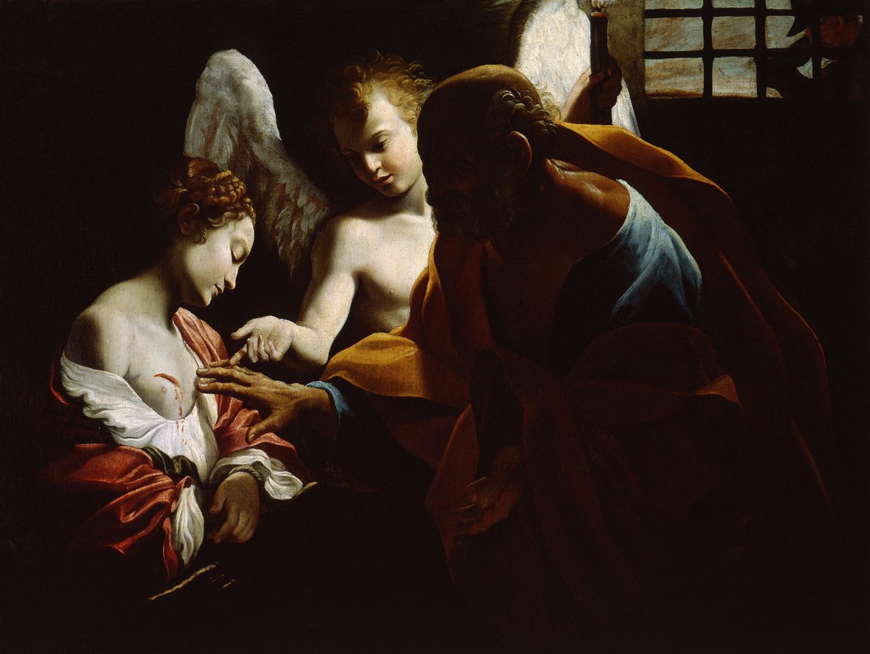 Sankt Agatha overværet af Sankt Peter og en engel i fængsel, ca 1614 af Giovanni Lanfranco