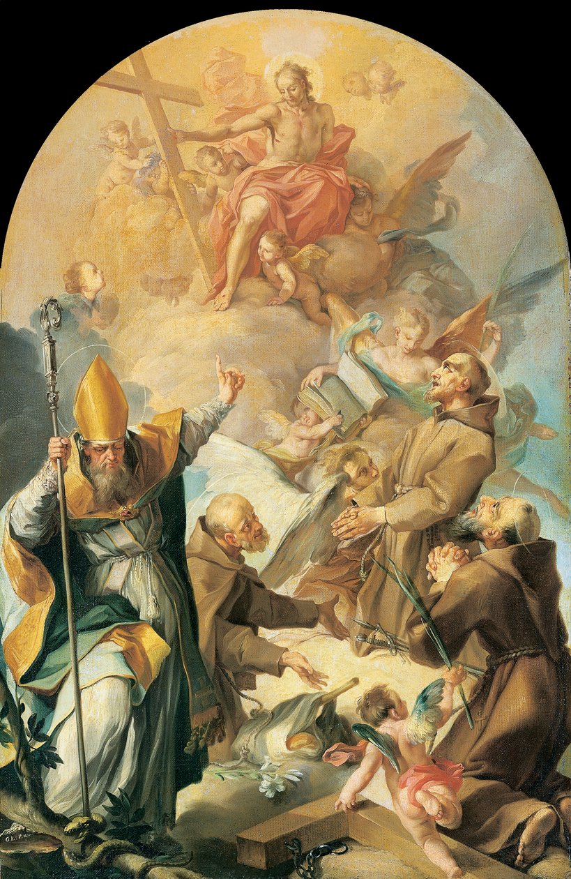 Tre kapucinerhelgener og en biskop, der tilbeder Kristus og korset af Giovanni Lanfranco