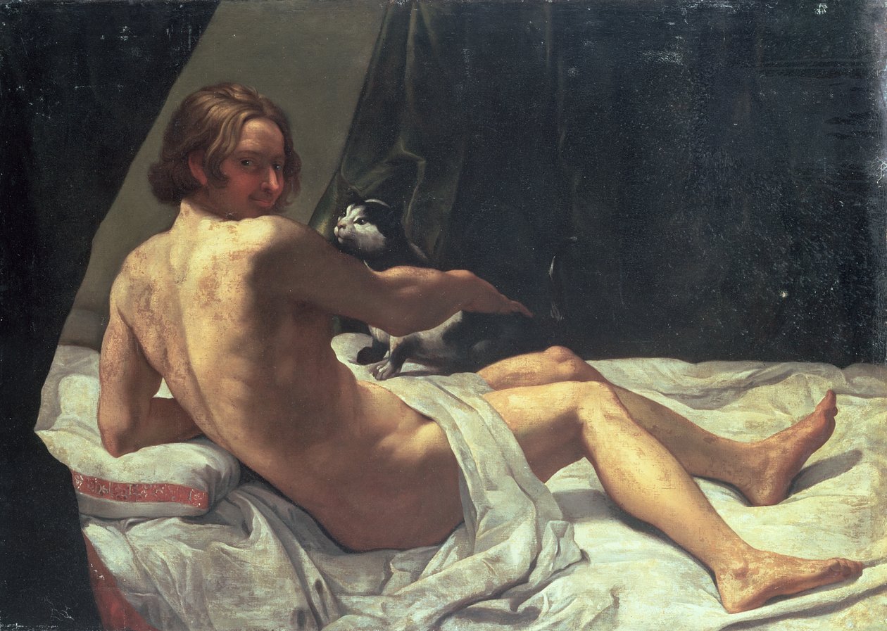 Ung mand liggende på en seng med en kat, 1620 af Giovanni Lanfranco