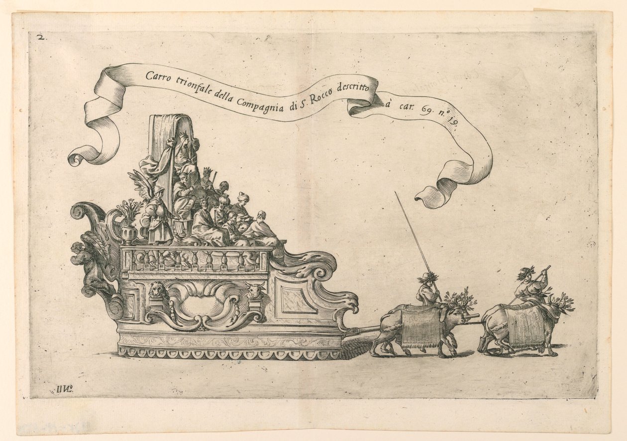 Et paradefly i Reggio, Italien: "The Triumphal Carriage of the Company of St. Roch". Plade 2b fra A. Isacchi, "Forholdet af Alfonso Isachi omkring Madonnaens oprindelse, højtidelighed, oversættelse og mirakler af Giovanni Luigi Valesio