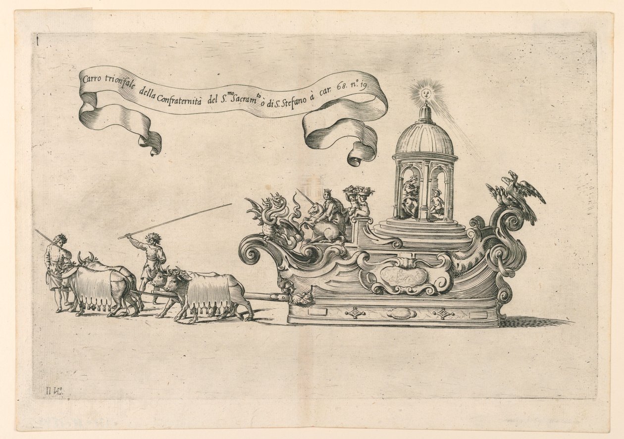 En parade flyder i Reggio, Italien: "Den triumfvogn af broderskabet af det hellige sakramente af St. Stephen". Plade 2a fra A. Isacchi, "Relation af Alfonso Isachi omkring or af Giovanni Luigi Valesio