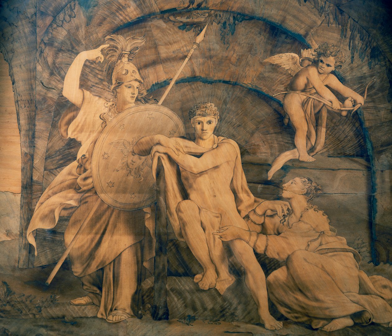 Hercules i krydsfeltet mellem forfængelighed og berømmelse, indlagt træværk af Giovanni Maffezzoli (1779-1818) efter design af maleren Giuseppe Diotti, Italien af Giovanni Maffezzoli