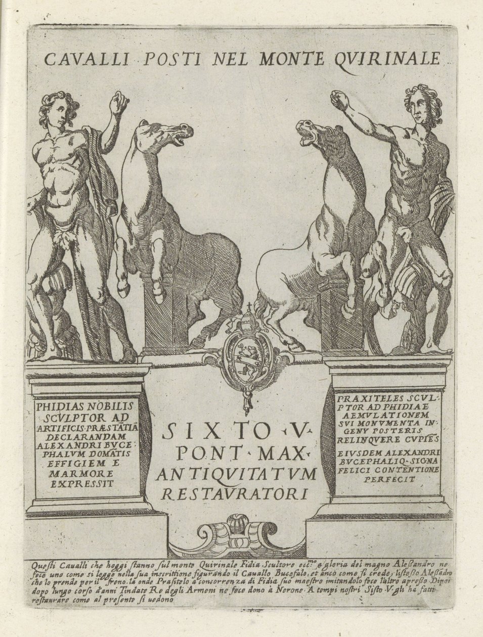 Dioscuren op de Quirinaal Heste placeret i Mount Quirinale (titel på objekt) Moderne og antikke monumenter og byggerier i Rom (serietitel) Ornamenter af gamle og moderne bygninger i Alma-byen Rom (serietitel) af Giovanni Maggi
