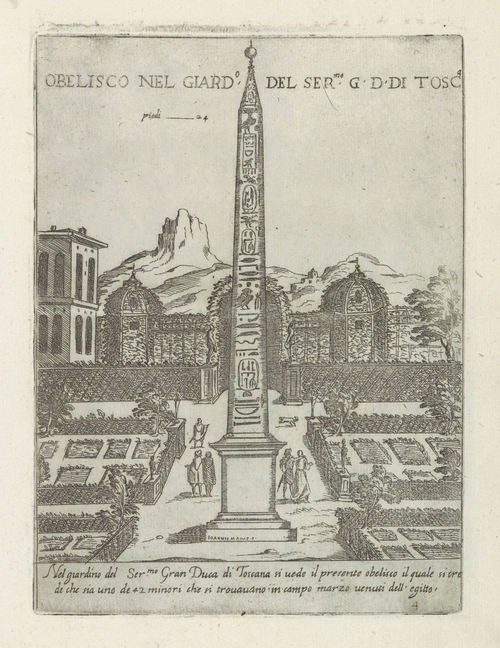 Egyptisk obelisk i haven til Villa Medici i Rom Obelisco nel giard.o del ser.mo G. D. Di Tosc.a (titel på objekt) Moderne og antikke monumenter og bygninger i Rom (serietitel) Ornamenti di fabriche antichi et moderni dell