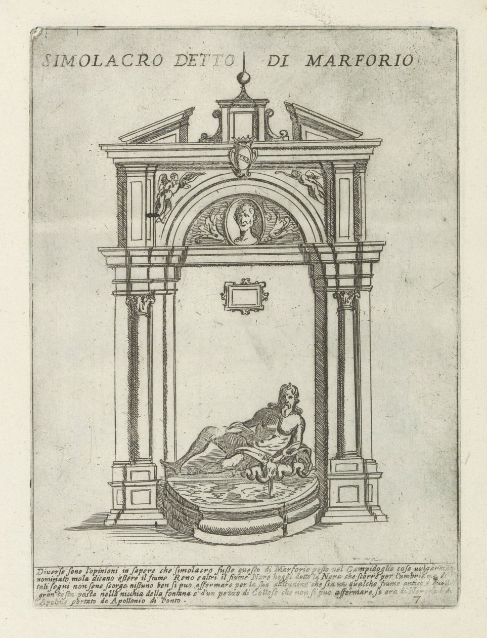 Springvand med statuen af ​​Marforio Simolacro detto di Marforio (titel på objekt) Moderne og antikke monumenter og bygninger i Rom (serietitel) Ornamenti di fabriche antichi et moderni dell