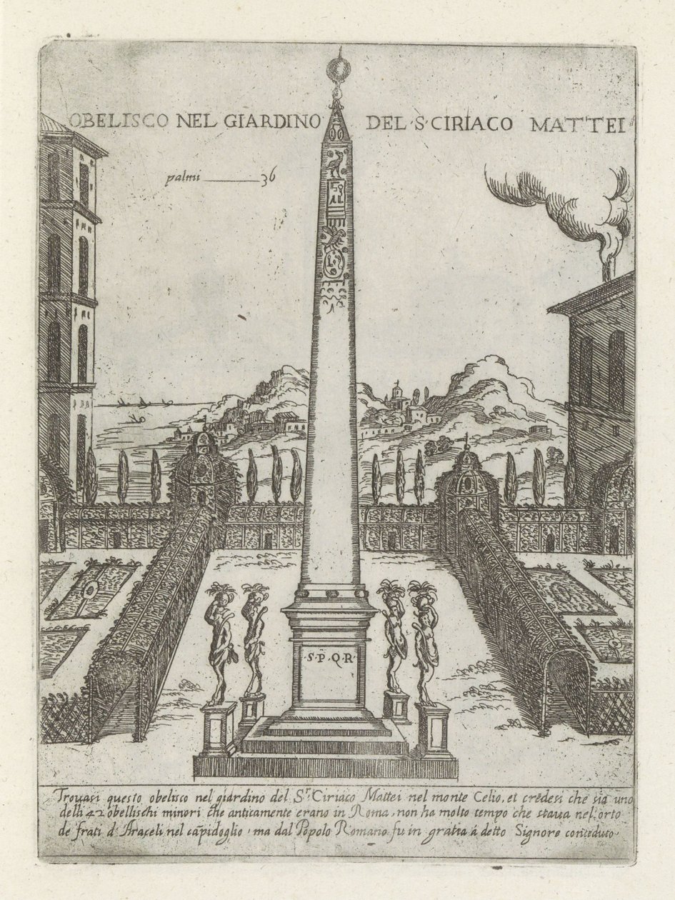 Obelisk in de tuin af Ciriaco Mattei Obelisk i S ciriaco Matteis have (titel på objektet) Moderne og antikke monumenter og byggerier i Rom (serietitel) Ornamenter af gamle og moderne bygninger i Alma-byen Rom (serietitel) af Giovanni Maggi