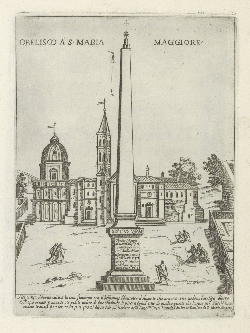 Obelisk for de Santa Maria Maggiore Obelisk i S. Maria Maggiore (titel på objekt) Moderne og antikke monumenter og byggerier i Rom (serietitel) Ornamenter af gamle og moderne bygninger i Alma-byen Rom (serietitel) af Giovanni Maggi