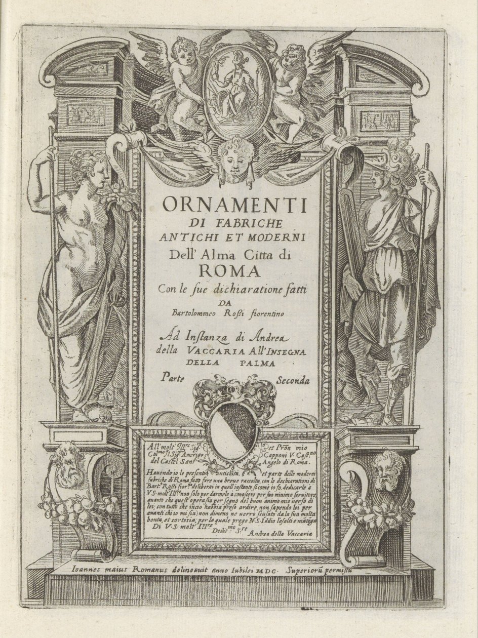 Titeltryk med allegoriske figurer og putti Moderne og antikke monumenter og bygninger i Rom (serietitel) Ornamenti di fabriche antichi et moderni dell