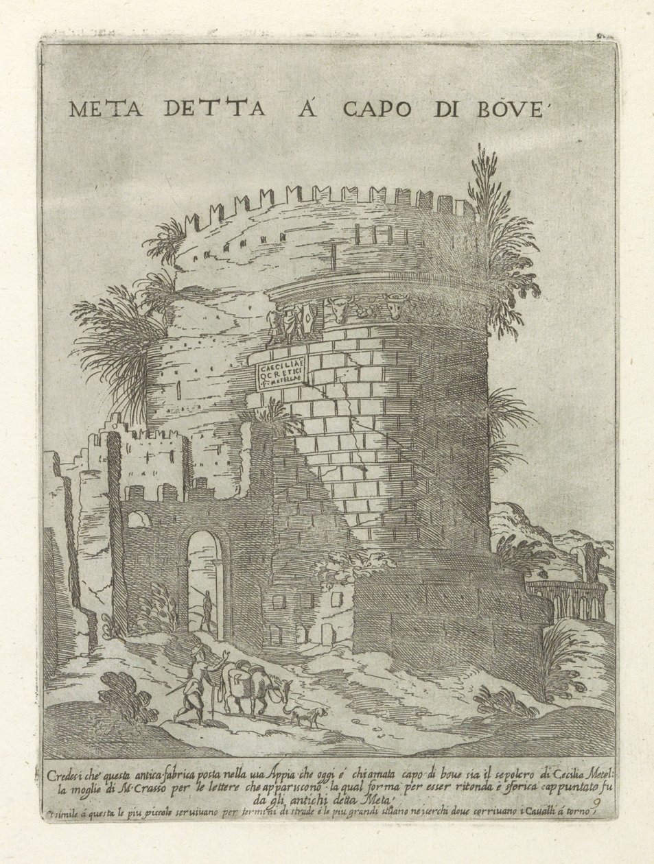 Tombe van Caecilia Metella te Rom Meta sagt i spidsen for oksen (titel på objekt) Moderne og antikke monumenter og byggerier i Rom (serietitel) Ornamenter af gamle og moderne bygninger i Alma-byen Rom (serietitel) af Giovanni Maggi