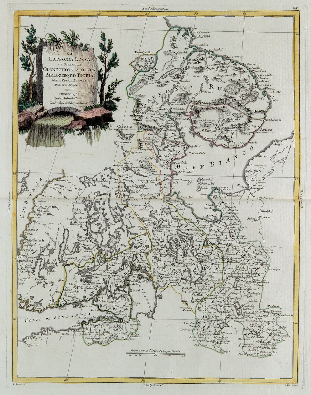 Russisk Lapland med regeringerne i Olonecholi, Carelia, Bielozero og Ingria i det europæiske Rusland, fra Tome III i "Det Nye Atlas", indgraveret af G. Zuliani af Giovanni Marco Pitteri