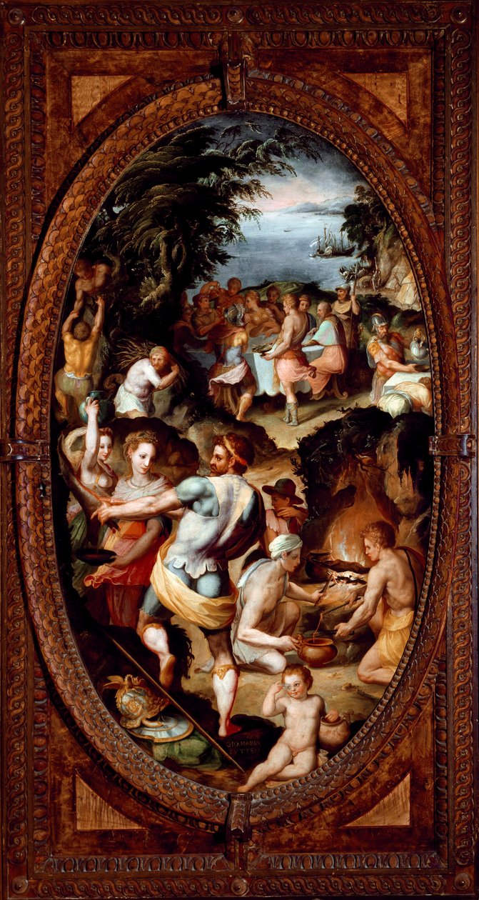 Opdagelsen af glas. Forberedelse af en banket. (Maleri af Giovanni Maria Butteri