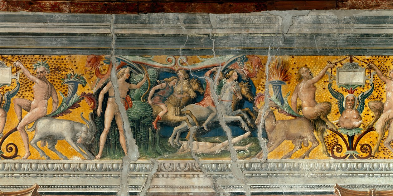 Apollo dræber med pile Niobides, søn af Niobe Detalje af en frise tilskrevet Giovanni Maria Falconetto (1468-1534) 1520 omkring Mantua, Palazzo d